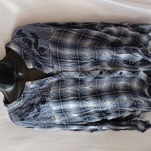 Hazel plaid blouse with lace detail, blue & gray